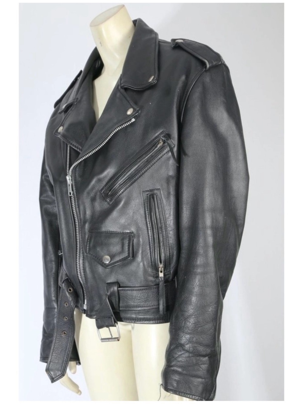 Women's Black Leather Biker Jacket with Belted Waist - Picture 5 of 7